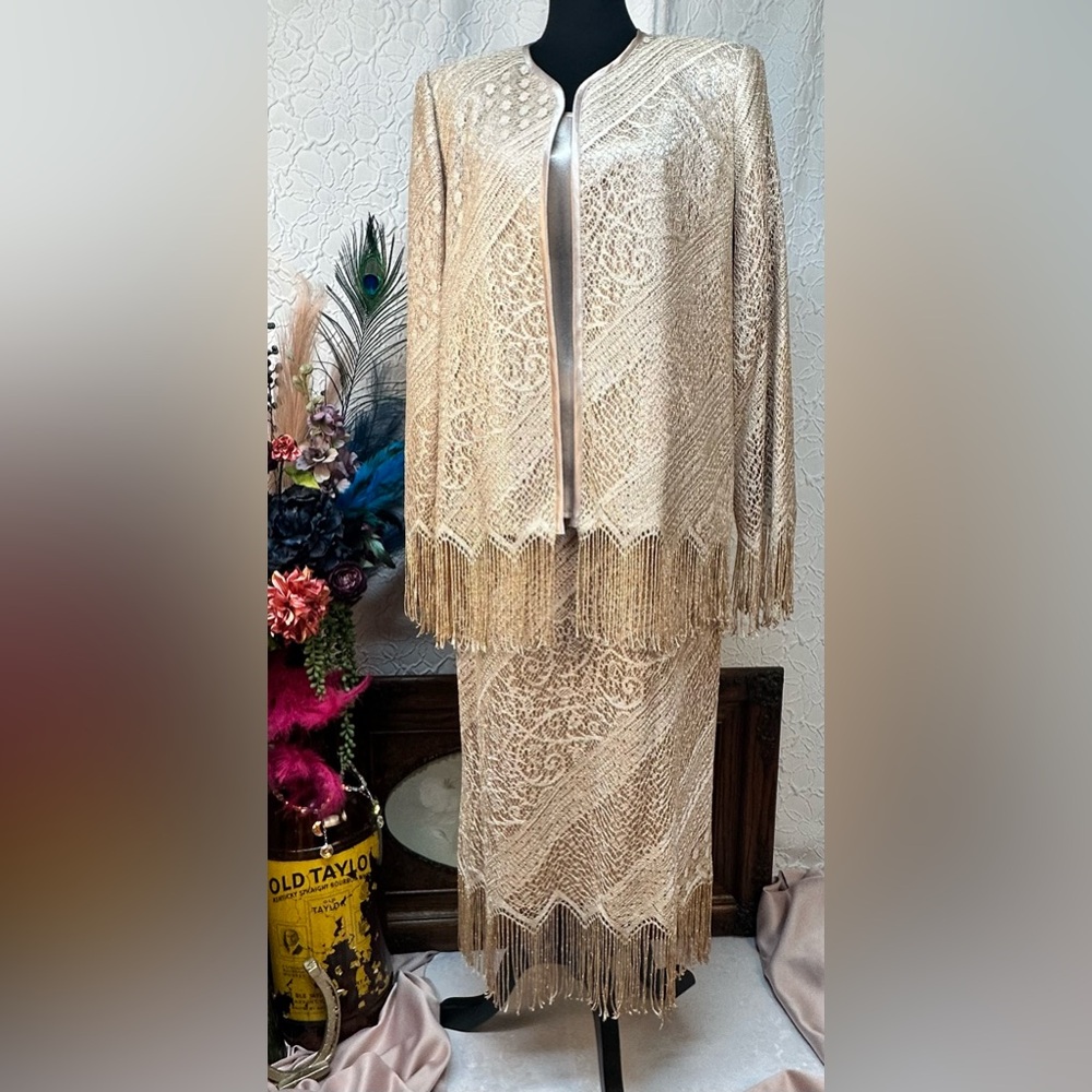 Caramia-Elegant 3 PC. Gold & Cream Lace Fringe Dress Set (14)